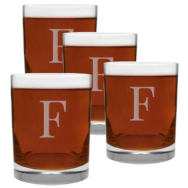 Engraved F-Letter Monogram 4 Piece Glass Set 13.5 Ounce Perfect for Gifts and Home Decor