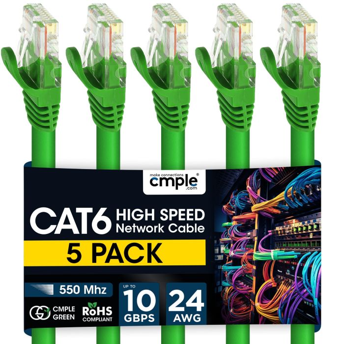 Cmple 5 Pack Cat6 Ethernet Cables - High Speed 3ft Green LAN Cables with Snagless RJ45 Connectors