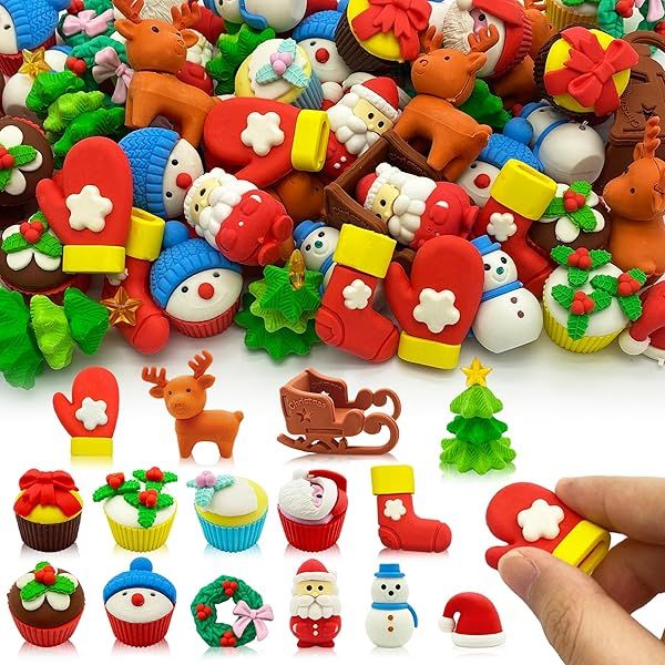 48pc Christmas Erasers for Kids Bulk Holiday Party Favors Classroom Rewards Fun Puzzle Desk Pets