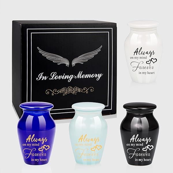 Gredstar 4pcs Small Ceramic Black Letter Print Cremation Urns - Always On My Mind Forever in My Heart Memorial Keepsake Urns - Premium Box and Spoon