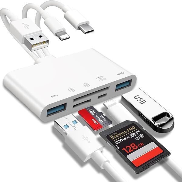 5 in 1 Memory Card Reader USB OTG Adapter for iPhone iPad USB C USB A with Micro SD SD Card Slots Supports SD Micro SD SDHC SDXC MMC