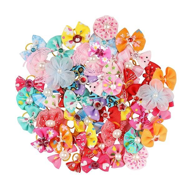 50pcs Multicolor Dog Bows with Rubber Bands - Rhinestone & Flower Topknot Hair Accessories for Pets