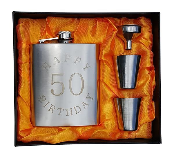 50th Birthday Flask Gift Set Engraved Happy 50 Birthday Perfect Gift for Milestone Celebration
