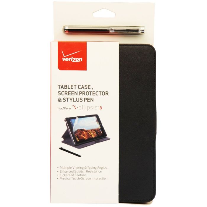 Verizon Folio Case, Screen Protector & Stylus Pen Bundle for Ellipsis 8 - Black | Ultimate Protection & Style