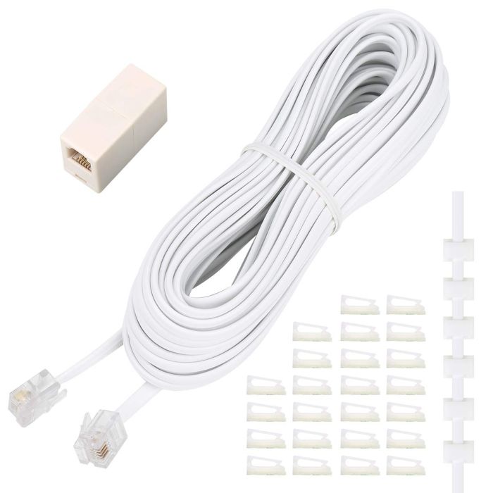 Uvital 33 Ft Phone Extension Cord with RJ11 Plug & Couplers - White Telephone Cable with 20 Cable Clips