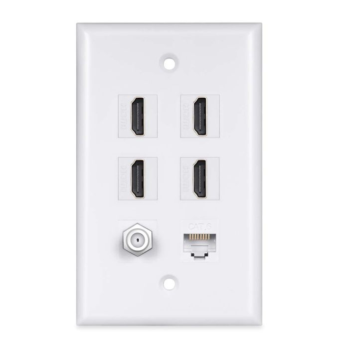 PHIZLI 4 HDMI Keystone Wall Plate with Cat6 Ethernet & Coax F Type Port - HDMI 2.0 Decorative Female to Female (White)