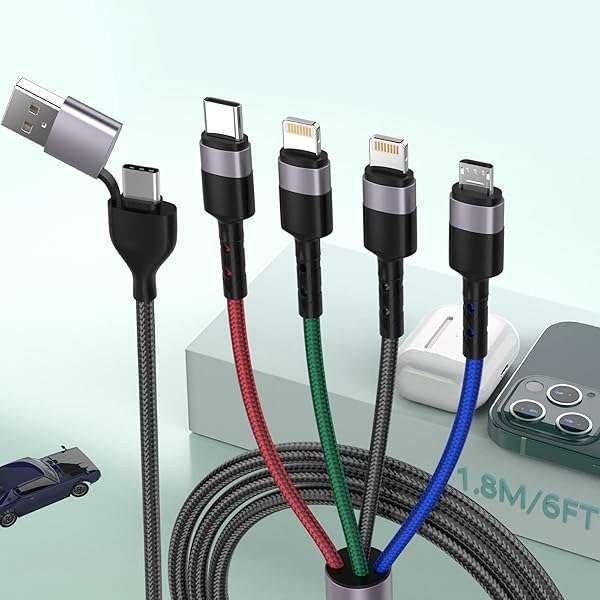 6-in-1 Universal 1.8M Charging Cable: USB A, Type C, Lightning & Micro USB for iPhone, Android, Samsung & More