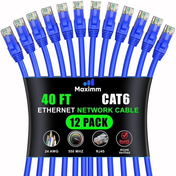Maximm Cat 6 Ethernet Cable 40ft (12-Pack) - High-Speed 10Gbps LAN & Network Cable - UTP, 550MHz, Blue