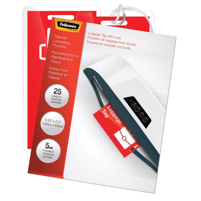Fellowes Hot Laminating Pouches 5 Mil - 25 Pack Luggage ID Tags with Loop for Durable Protection