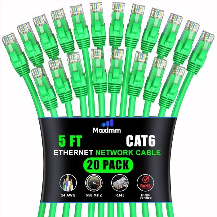 Maximm Cat 6 Ethernet Cable 5ft (20-Pack) - High-Speed 10Gbps LAN & Network Cables - UTP, 550MHz, Green