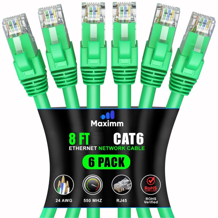 Maximm Cat 6 Ethernet Cable 8ft (6-Pack) - High-Speed 10Gbps LAN & Network Cable - UTP, 550MHz, Green