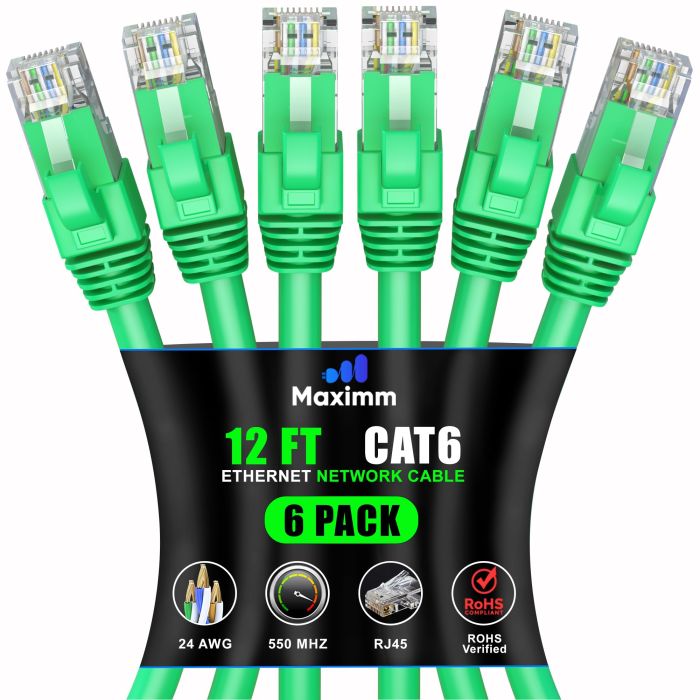 Maximm Cat 6 Ethernet Cable 12 ft (6-Pack) - High-Speed 10Gbps Network Cable, UTP, 550MHz - Green Patch Cord for Fast Internet