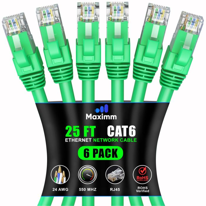 Maximm Cat 6 Ethernet Cable 25 ft (6-Pack) - High-Speed 10Gbps Network Cable, UTP, 550MHz - Green Patch Cord for Fast Internet