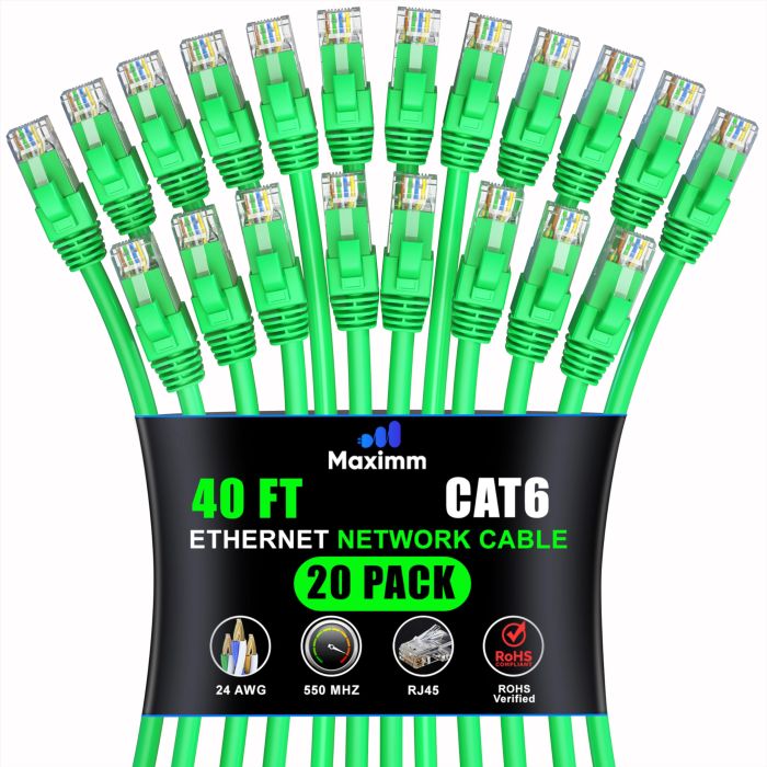 Maximm Cat 6 Ethernet Cable 40ft (20-Pack) - High-Speed 10Gbps LAN & Network Cables - UTP, 550MHz, Green