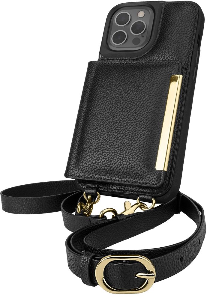 Smartish iPhone 12 Pro Max Crossbody Case for Women - Stylish Black-Gold Purse with Detachable Strap & Card Holder