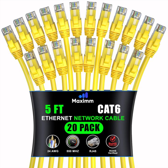 Maximm Cat 6 Ethernet Cable 5ft (20-Pack) - High-Speed 10Gbps LAN & Network Cables - Yellow UTP, 550MHz Patch Cords
