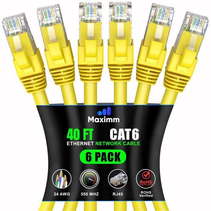 Maximm Cat 6 Ethernet Cable 40 ft (6-Pack) - High-Speed 10Gbps LAN & Network Cables - Yellow UTP, 550MHz Patch Cords