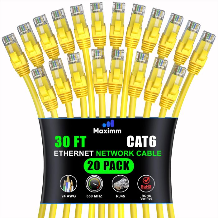 Maximm Cat 6 Ethernet Cable 30ft (20-Pack) - High-Speed 10Gbps LAN & Network Cables - Yellow UTP Patch Cords