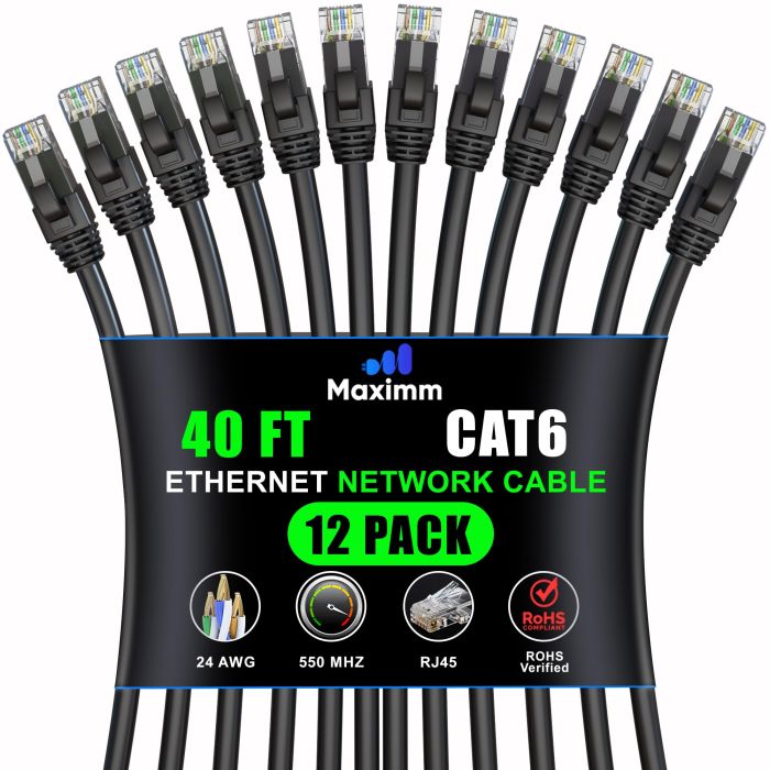 Maximm Cat 6 Ethernet Cable 40ft (12-Pack) - High-Speed 10Gbps LAN & Network Cables for Fast Internet - UTP, 550MHz, Black