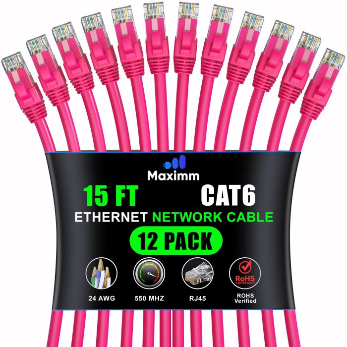 Maximm Cat 6 Ethernet Cable 15 ft (12-Pack) - High-Speed 10Gbps Network Cable in Pink for Fast Internet & LAN Connections