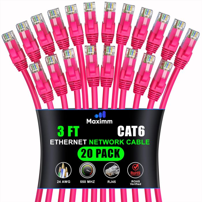Maximm Cat 6 Ethernet Cable 3ft (20-Pack) - High-Speed 10Gbps LAN & Network Cables - Pink UTP Patch Cords for Fast Internet
