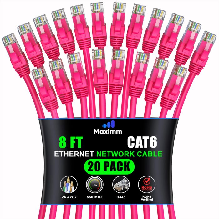 Maximm Cat 6 Ethernet Cable 8ft (20-Pack) - High-Speed 10Gbps Network Cable - Pink UTP Patch Cord for Fast Internet
