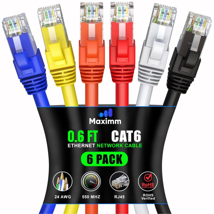 Maximm Cat 6 Ethernet Cable 3ft (12-Pack) - High-Speed 10Gbps LAN & Network Cables - UTP, 550MHz, Multicolor