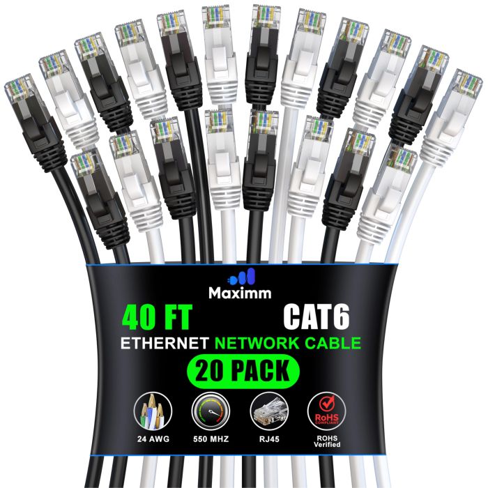 Maximm Cat 6 Ethernet Cable 20ft (12-Pack) - High-Speed 10Gbps LAN & Network Cables - UTP, 550MHz, Multicolor