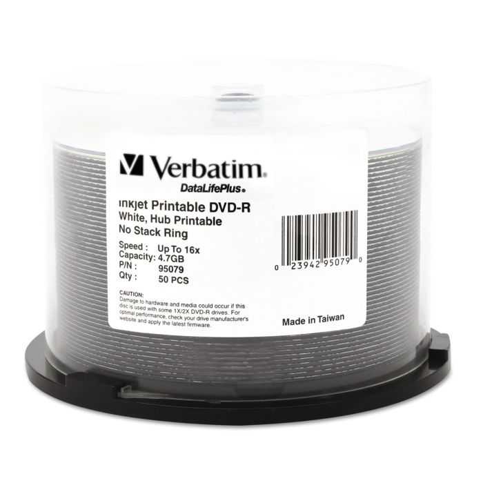 Verbatim DVD-R 4.7GB 16X Inkjet Printable Discs - 50 Pack Spindle for High-Quality Recording