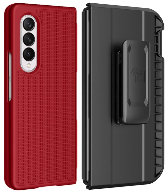 Galaxy Z Fold 3 5G Case with Clip & S Pen Slot - Slim Hard Cover & Rotating Belt Holster Combo - Nakedcellphone Red