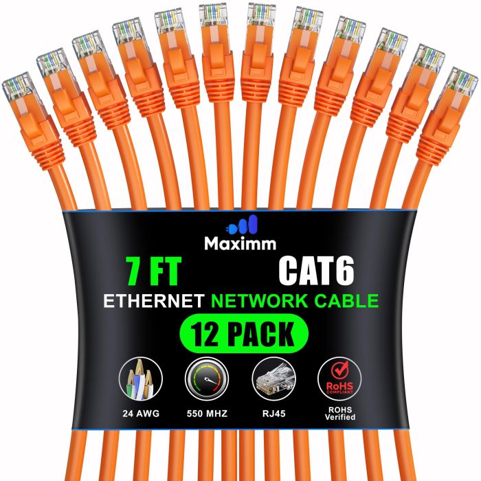 Maximm Cat 6 Ethernet Cable 15 ft (20-Pack) - High-Speed 10Gbps LAN & Network Cables - UTP, 550MHz, Orange