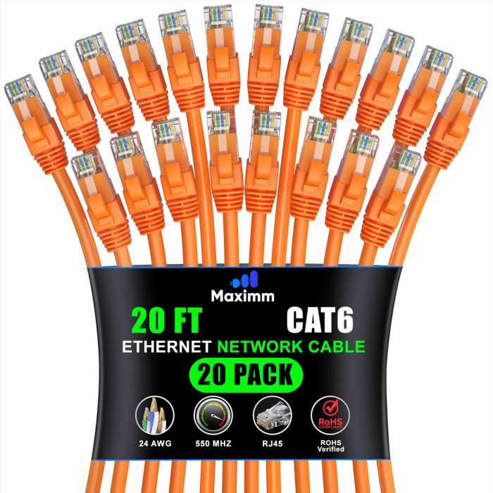 Maximm Cat 6 Ethernet Cable 20 ft (20-Pack) - High-Speed 10Gbps LAN & Network Cables - UTP, 550MHz, Orange