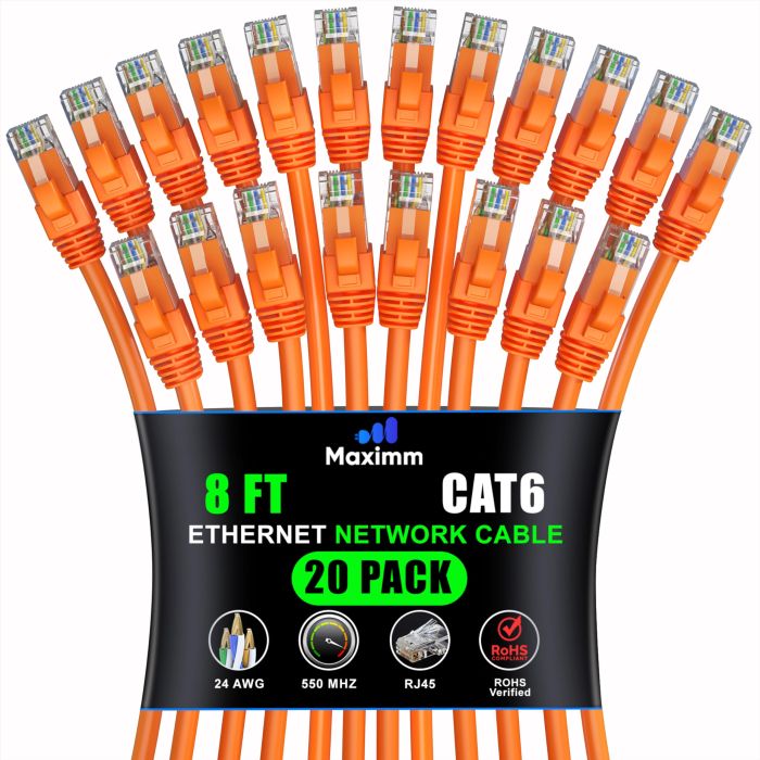 Maximm Cat 6 Ethernet Cable 8ft (20-Pack) - High-Speed 10Gbps LAN & Network Cable - UTP, 550MHz, Orange