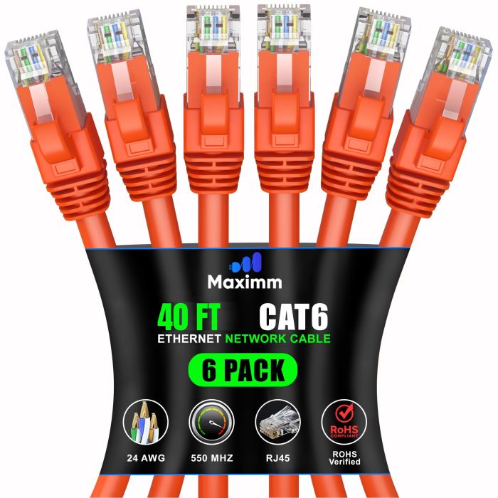 Maximm Cat 6 Ethernet Cable 40 ft (6-Pack) - High-Speed 10Gbps LAN & Network Cables - UTP, 550MHz, Orange