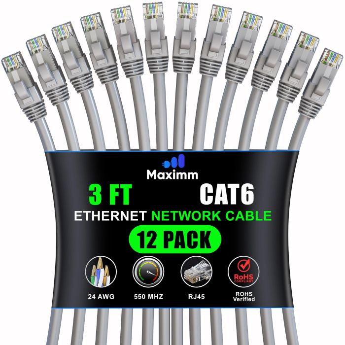 Maximm Cat 6 Ethernet Cable 3ft (12-Pack) - High-Speed 10Gbps LAN & Network Cables - UTP, 550MHz, Gray