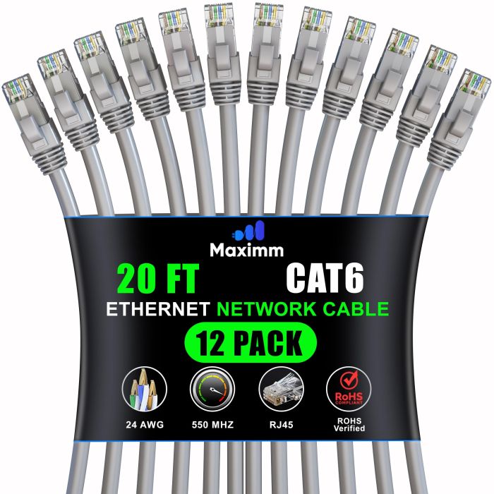 Maximm Cat 6 Ethernet Cable 10ft (12-Pack) - High-Speed 10Gbps LAN & Network Cables - UTP, 550MHz, Gray