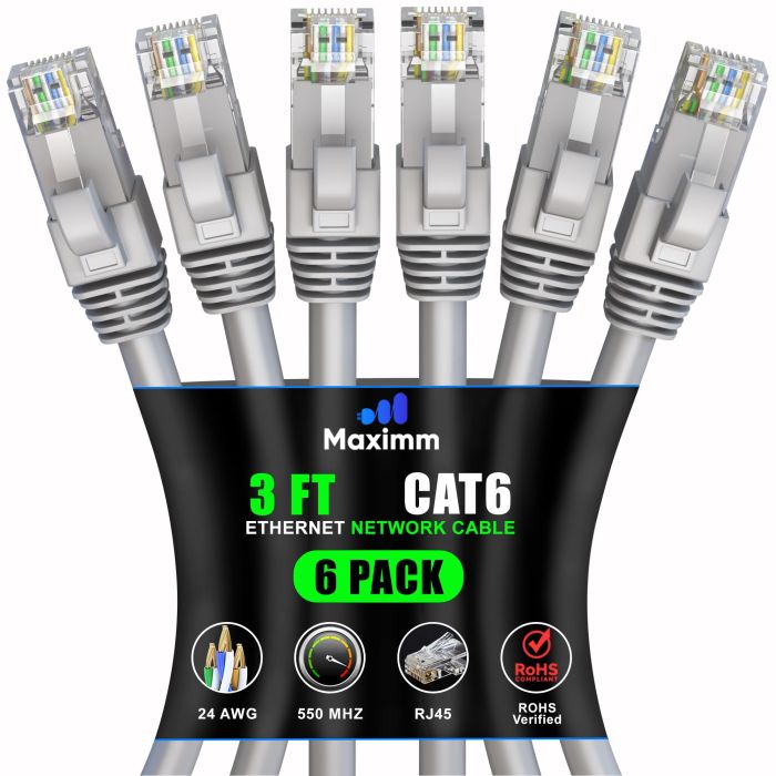 Maximm Cat 6 Ethernet Cable 3ft (6-Pack) - High-Speed 10Gbps LAN & Network Cables - UTP, 550MHz, Gray