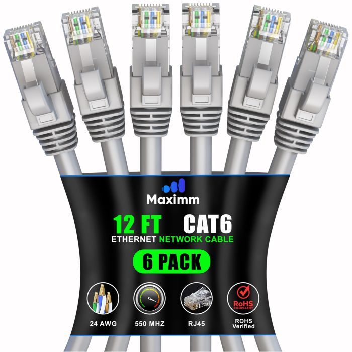 Maximm Cat 6 Ethernet Cable 12ft (6-Pack) - High-Speed 10Gbps LAN & Network Cables - UTP, 550MHz, Gray