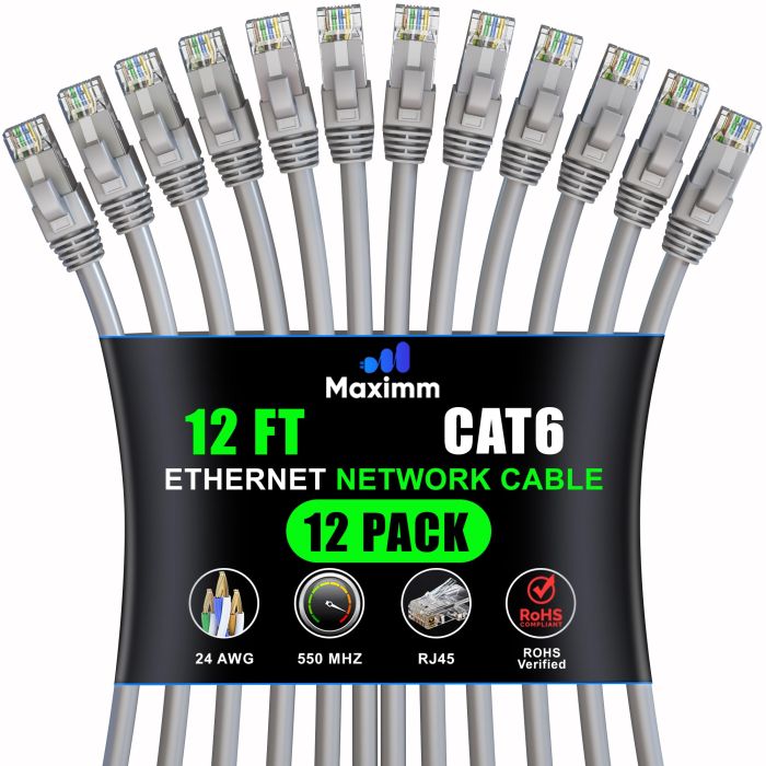 Maximm Cat 6 Ethernet Cable 12 ft (12-Pack) - High-Speed 10Gbps LAN & Network Cables - UTP, 550MHz, Gray