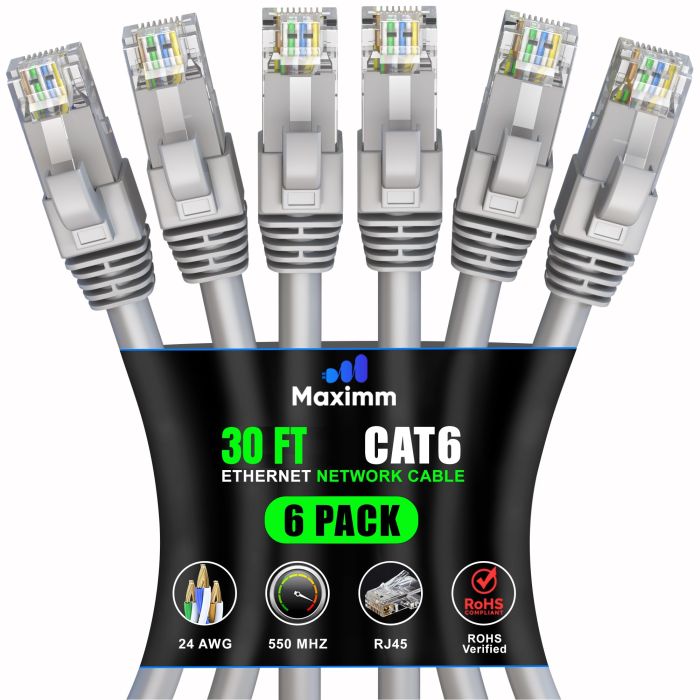 Maximm Cat 6 Ethernet Cable 30ft (6-Pack) - High-Speed 10Gbps LAN & Network Cables - UTP, 550MHz, Gray