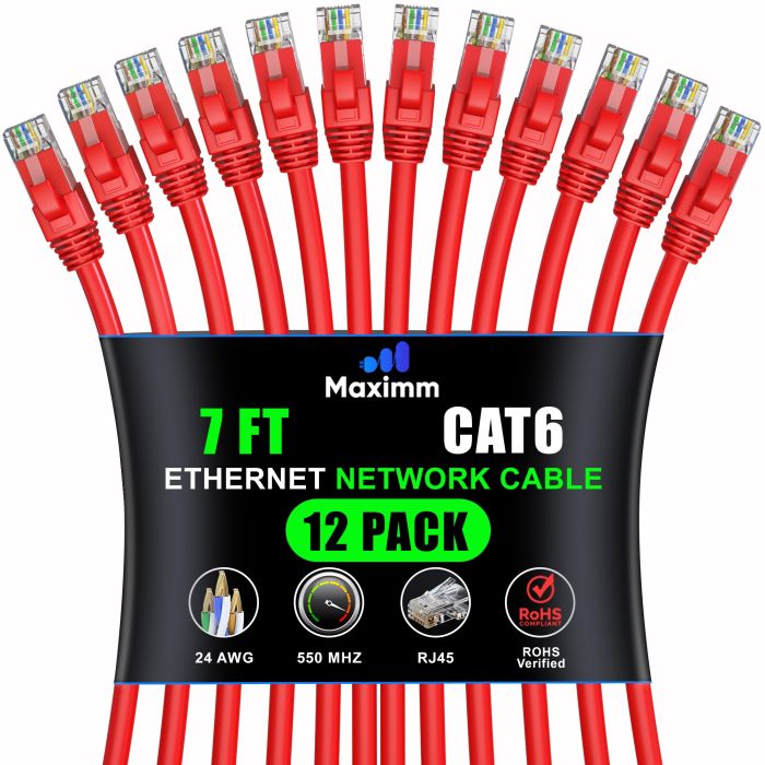 Maximm Cat 6 Ethernet Cable 7ft (12-Pack) - High-Speed 10Gbps LAN & Network Cable - Red UTP Patch Cord