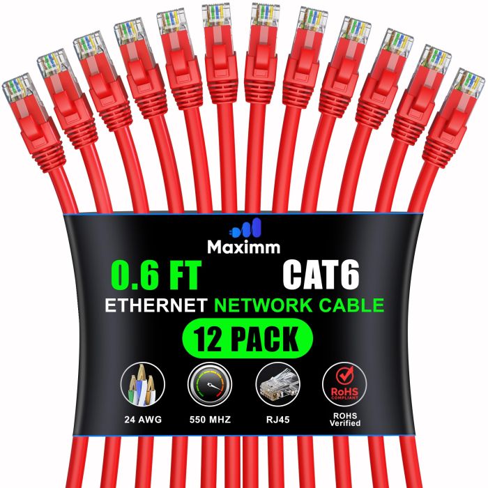Maximm Cat 6 Ethernet Cable 0.6 ft (12-Pack) - High-Speed 10Gbps LAN & Network Cables in Red