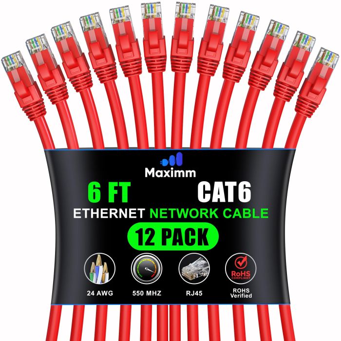 Maximm Cat 6 Ethernet Cable 6ft (12-Pack) - High-Speed 10Gbps LAN & Network Cable - Red UTP Patch Cord