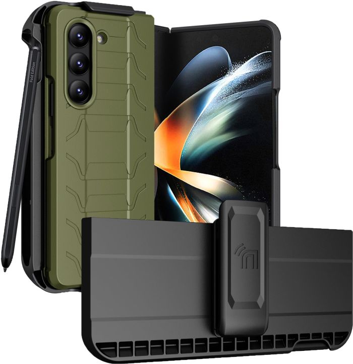 Galaxy Z Fold 5 Tactical Case with Clip & S Pen Slot - Nakedcellphone Olive OD Green Holster Combo