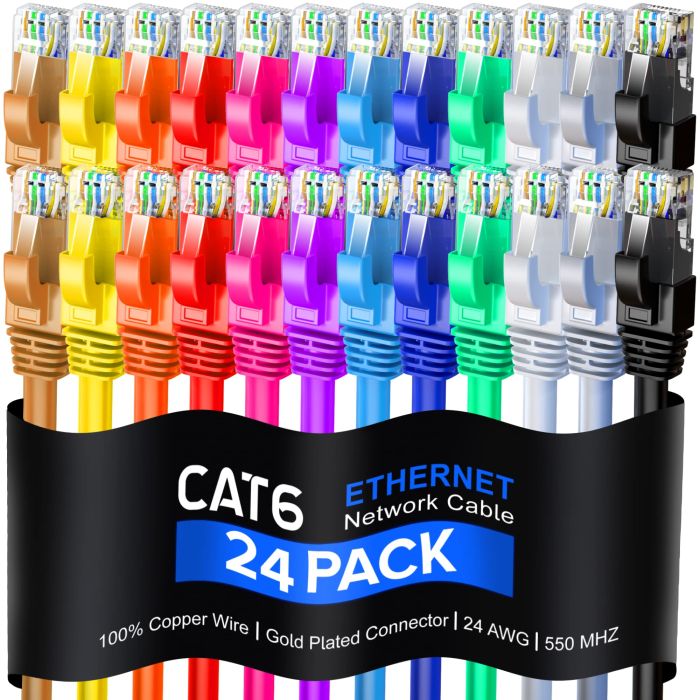 Maximm Cat 6 Ethernet Cable 0.9 Ft - 100% Pure Copper LAN Patch Cable (24 Pack) - Multicolor UTP Network Cable