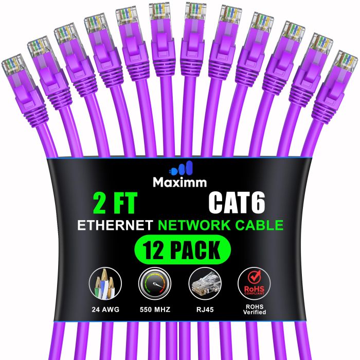 Maximm Cat 6 Ethernet Cable 2ft (12-Pack) - High-Speed 10Gbps Network Cable, UTP, 550MHz - Purple Patch Cord