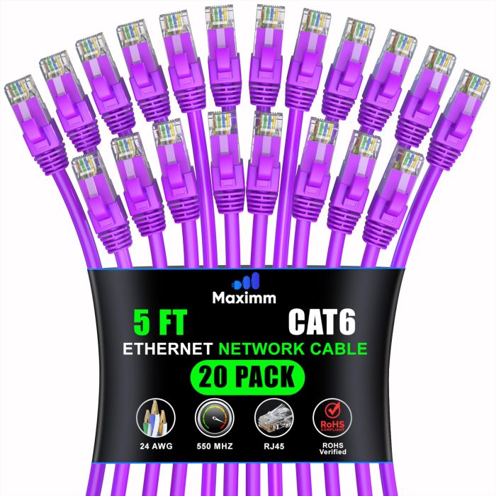 Maximm Cat 6 Ethernet Cable 5ft (20-Pack) - High-Speed 10Gbps Network Cable, UTP, 550MHz - Purple Patch Cord