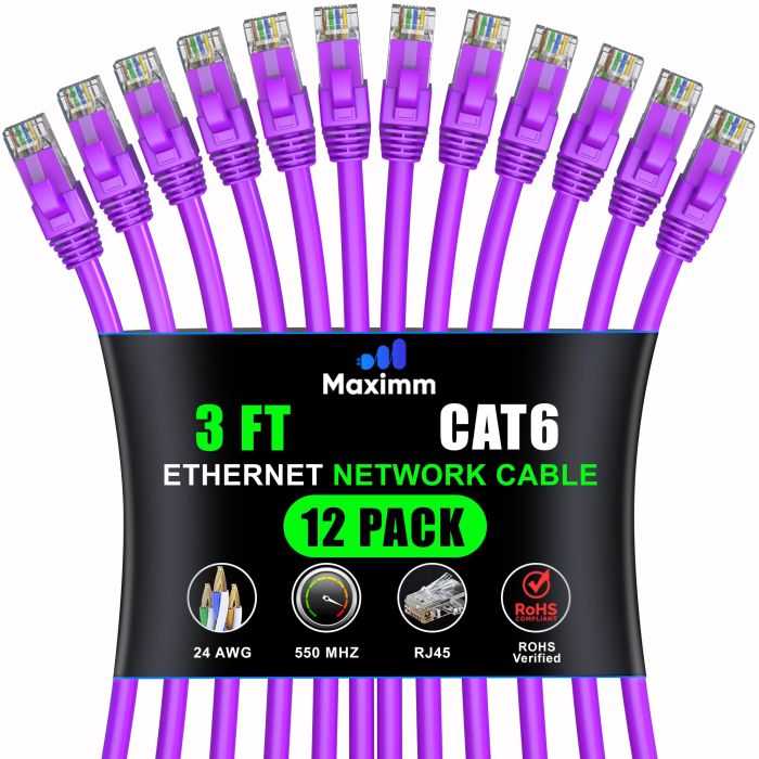 Maximm Cat 6 Ethernet Cable 3ft (12-Pack) - High-Speed 10Gbps Network Cable, UTP, 550MHz - Purple Patch Cord