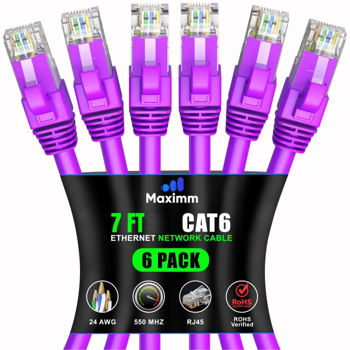 Maximm Cat 6 Ethernet Cable 7ft (6-Pack) - High-Speed 10Gbps Network Cable, UTP, 550MHz - Purple Patch Cord