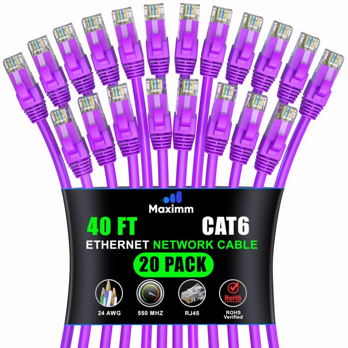 Maximm Cat 6 Ethernet Cable 40 ft (20-Pack) - High-Speed 10Gbps Network Cable, UTP, 550MHz - Purple Patch Cord